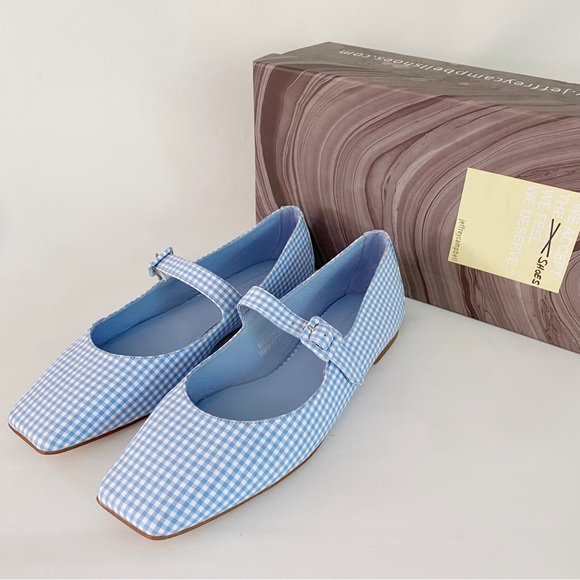 Jeffrey Campbell | Square Toe Mary Jane Flats Sky Blue Gingham Pin Up Rockabilly - Picture 9 of 12